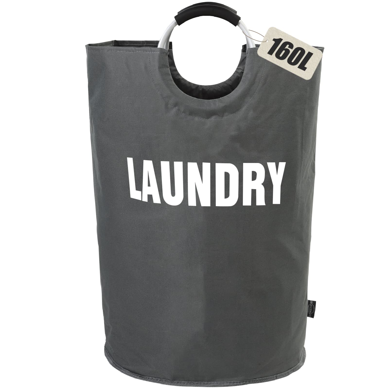 DOKEHOM 160L foldable laundry basket front view with aluminum soft-grip handle for easy transport.