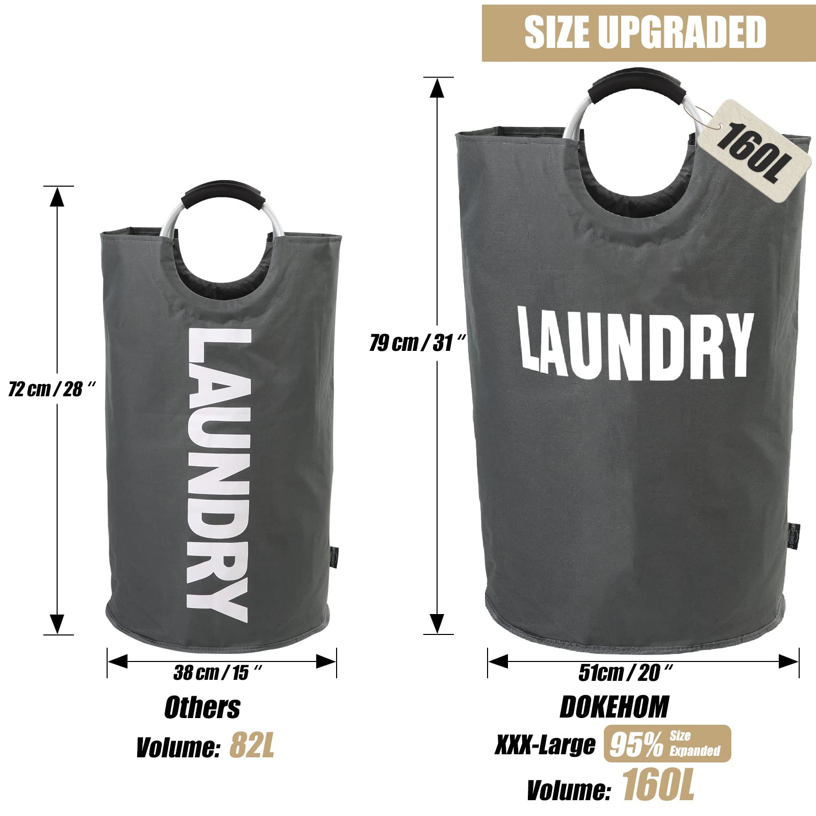 DOKEHOM 160L foldable laundry basket interior showing waterproof PE coating.