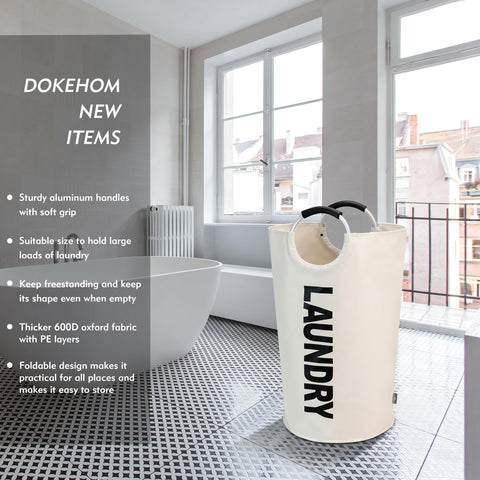 DOKEHOM 125L beige laundry basket side view highlighting tall freestanding form