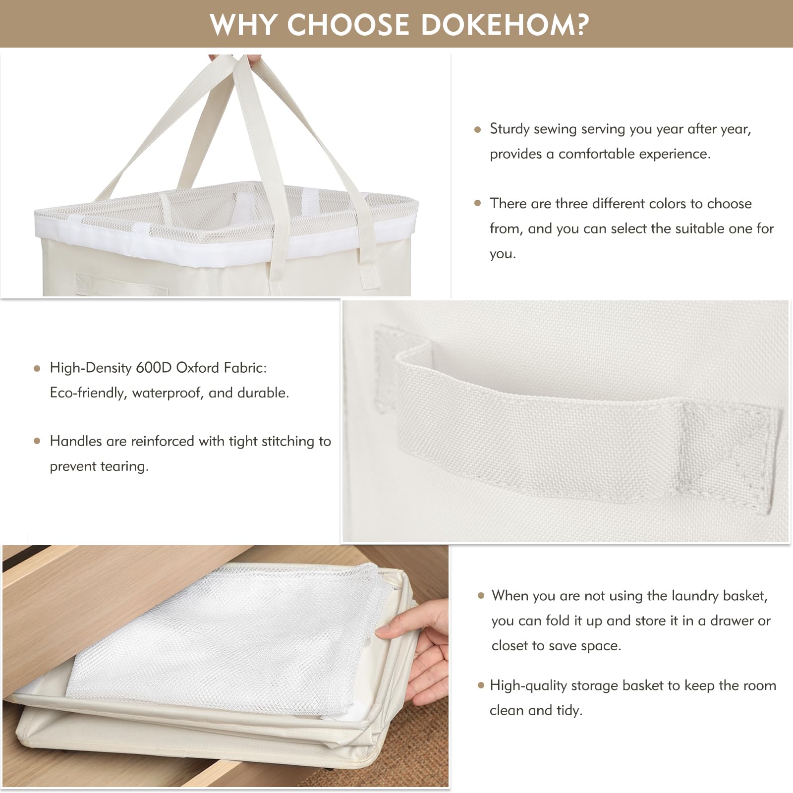 Beige DOKEHOM basket fits neatly in apartments and laundry rooms.