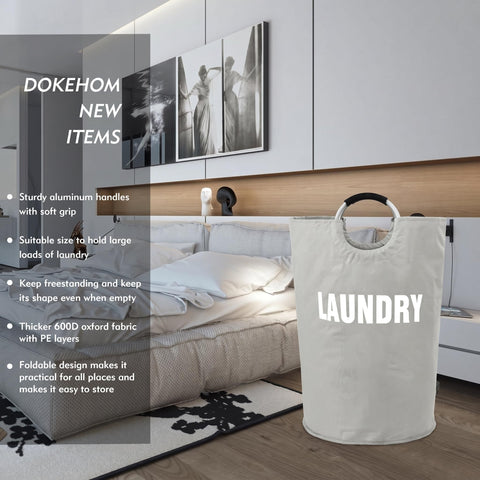 DOKEHOM laundry basket demonstrates foldable design for compact storage when not in use.
