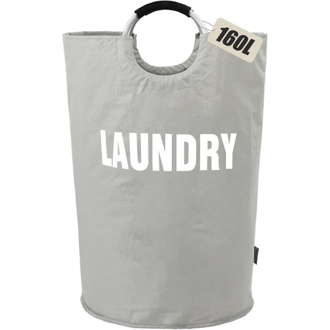 DOKEHOM 160L XX-Large laundry basket side view highlights the sturdy aluminum handle for easy transport.
