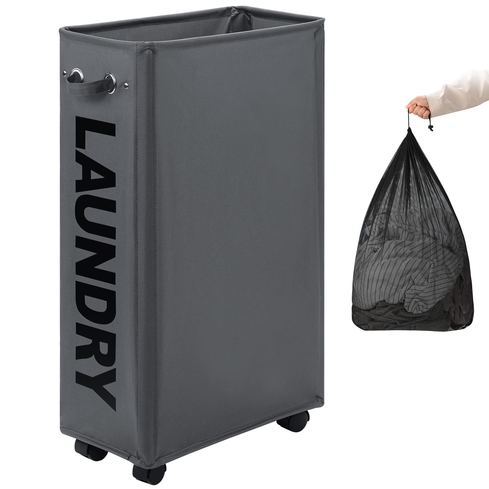 DOKEHOM 29-inch slim laundry basket on wheels for easy relocation and transport.