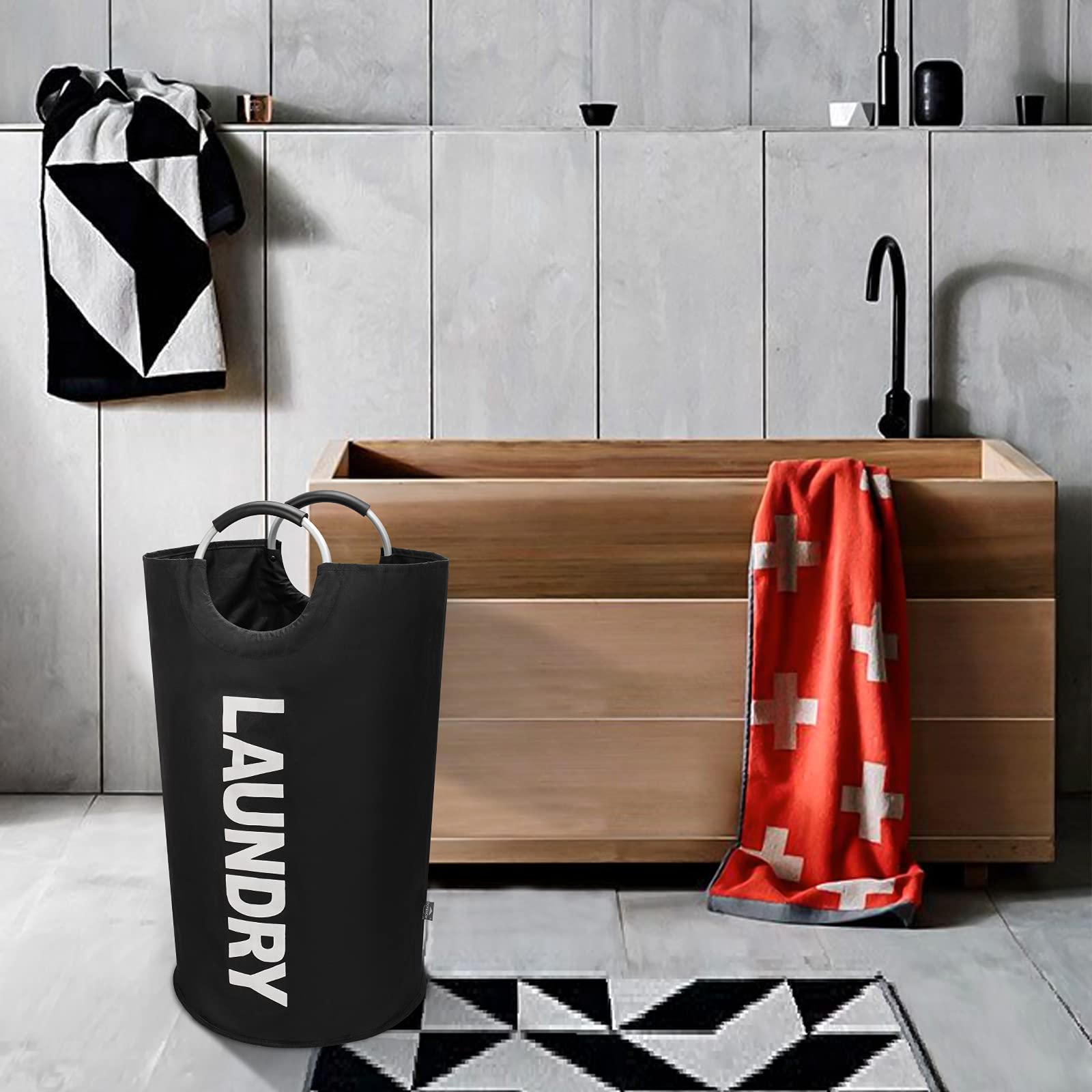 DOKEHOM freestanding tall hamper stands upright on its own.
