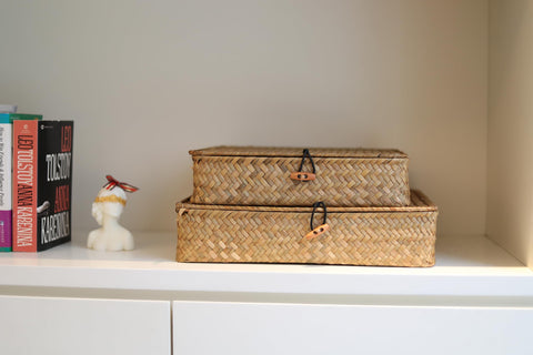 DOKOT seagrass bin with lid open, ideal for small-item organization.