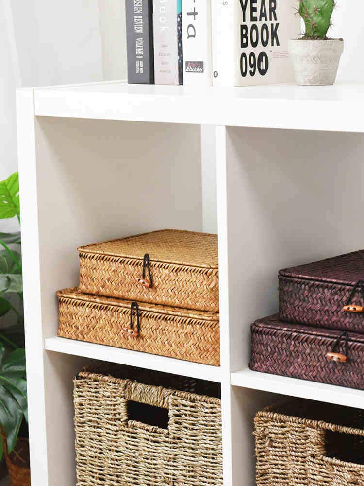 DOKOT seagrass bin set on coffee table adds decor and storage.