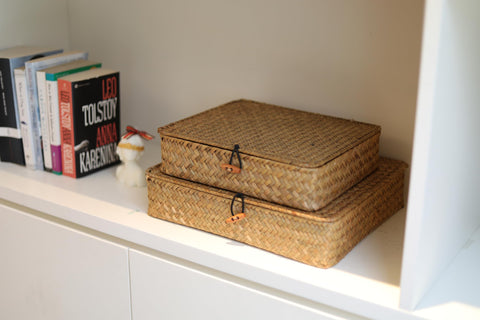 DOKOT small seagrass bin on shelf for compact storage.