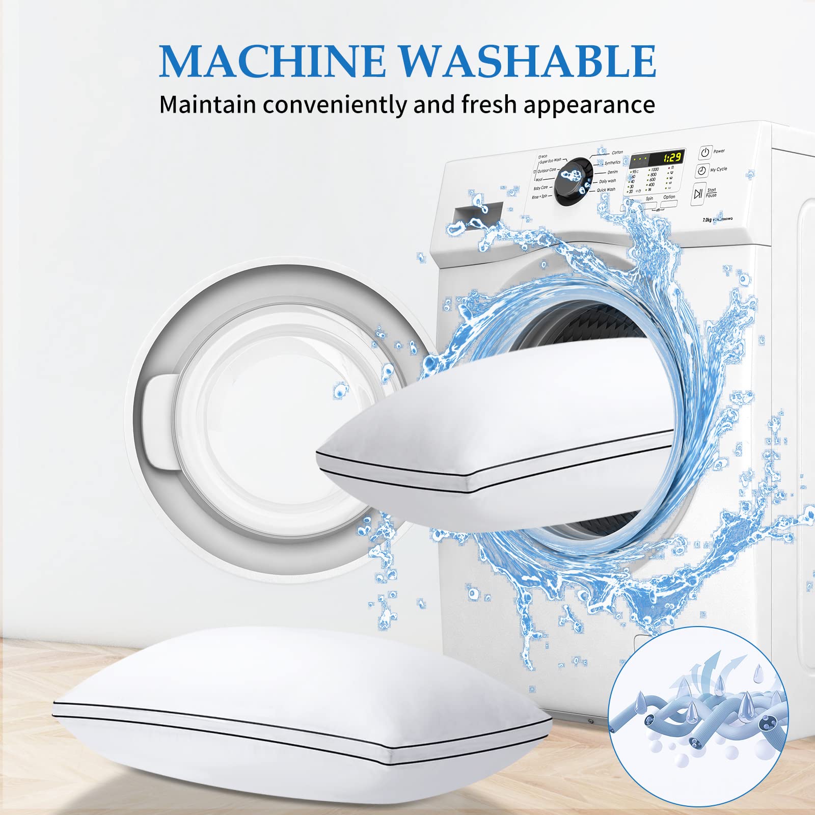 Pillows are machine washable in cold water and tumble dry on low