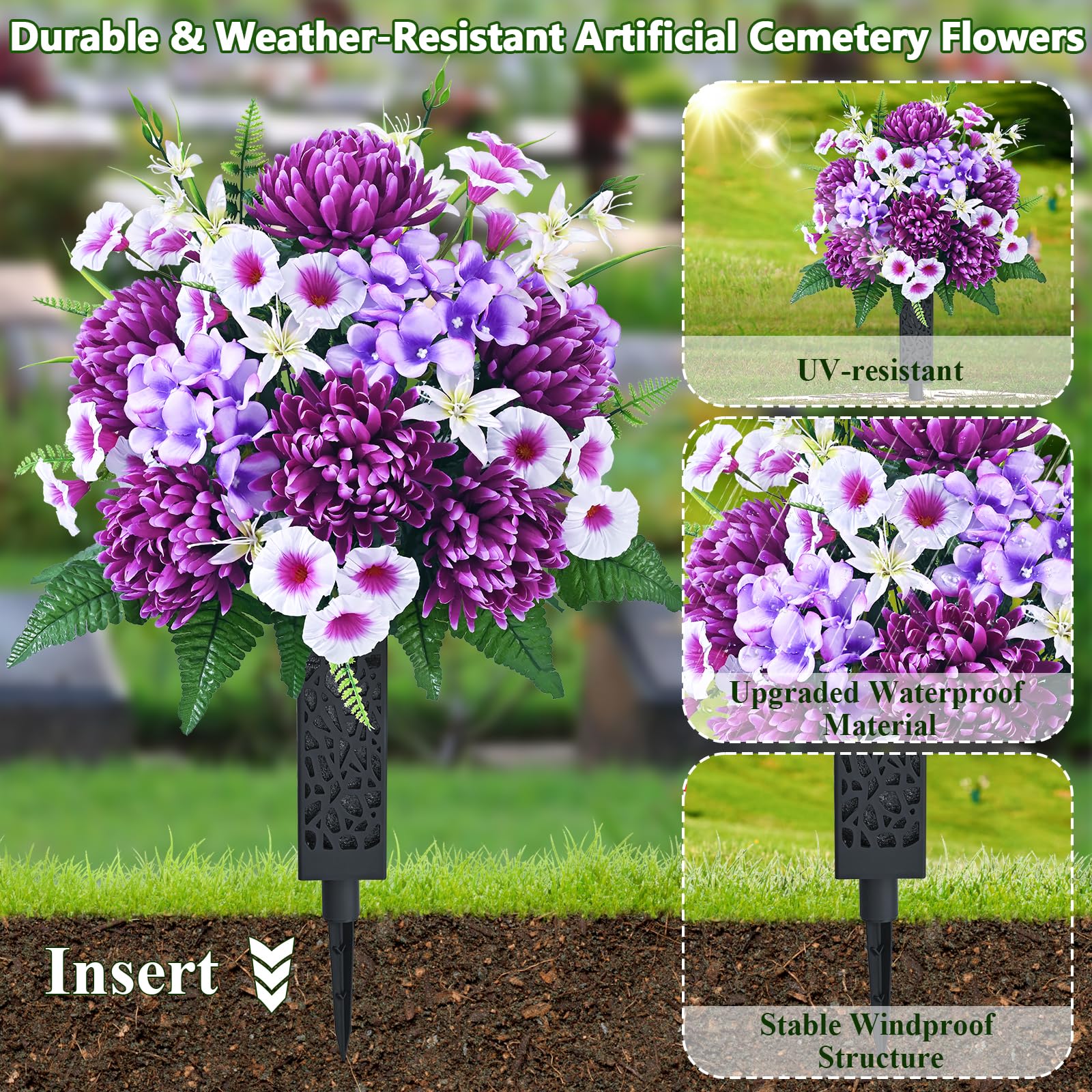 Dolicer base stability enhances grave decor hold in windy conditions