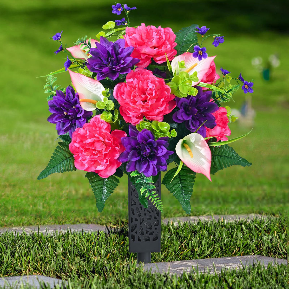 Dolicer two-bouquet artificial cemetery flowers with vase for durable gravesite decor