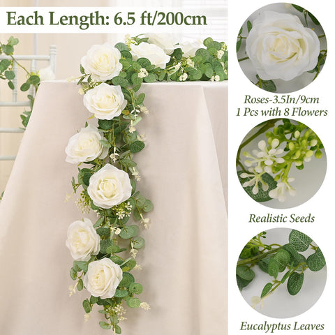 Dolicer garland close-up shows rose details and leaves.