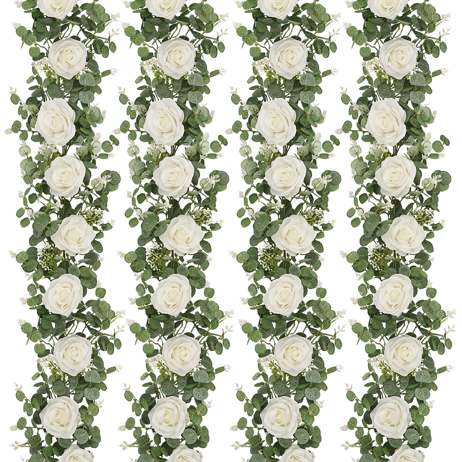 Dolicer eucalyptus garland with white roses for wedding decor.