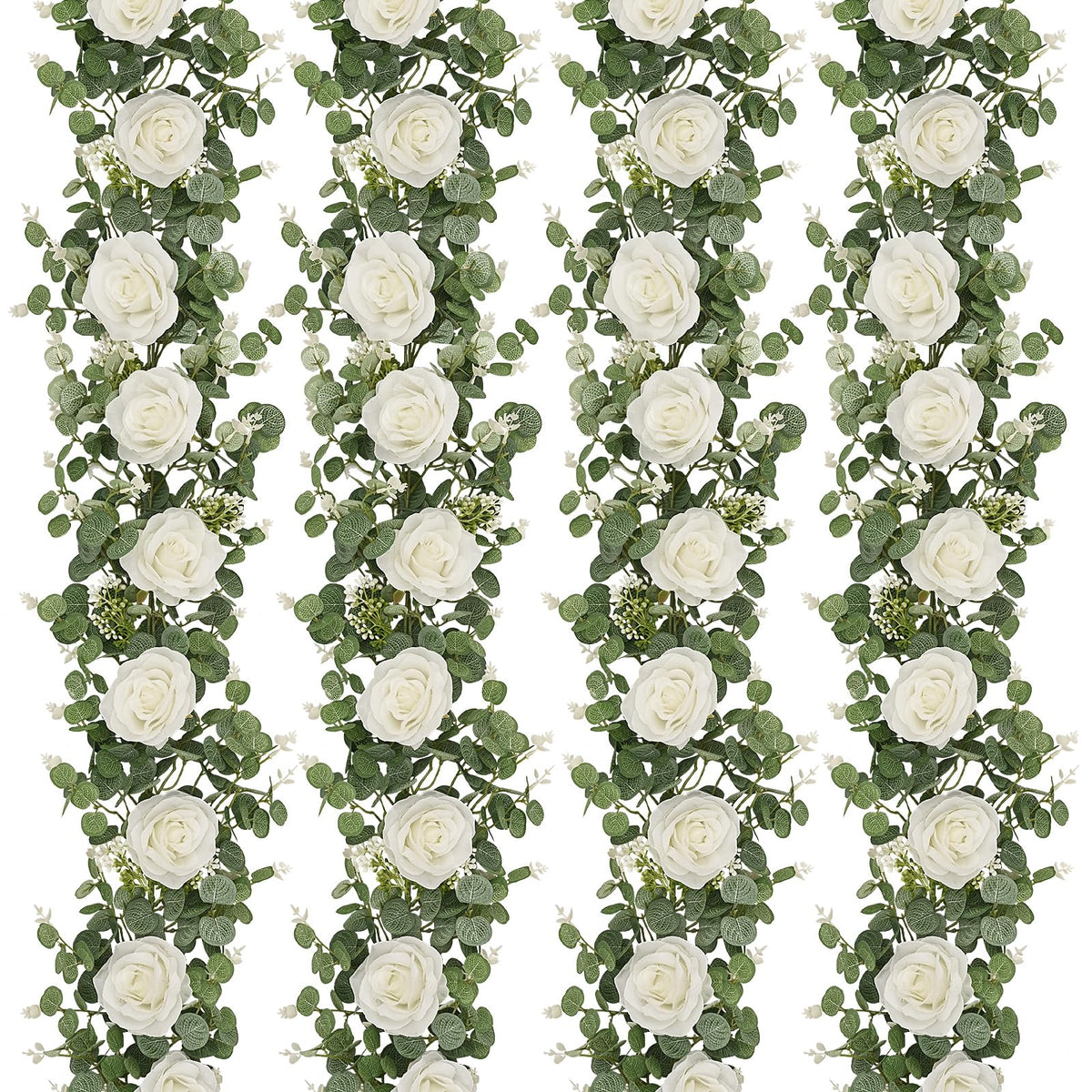 Dolicer eucalyptus garland with white roses for wedding decor.