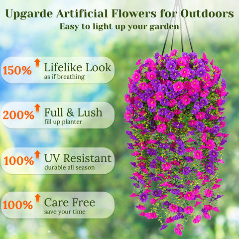 Dolicer faux petunia hanging flowers with vivid purple and fuchsia hues.