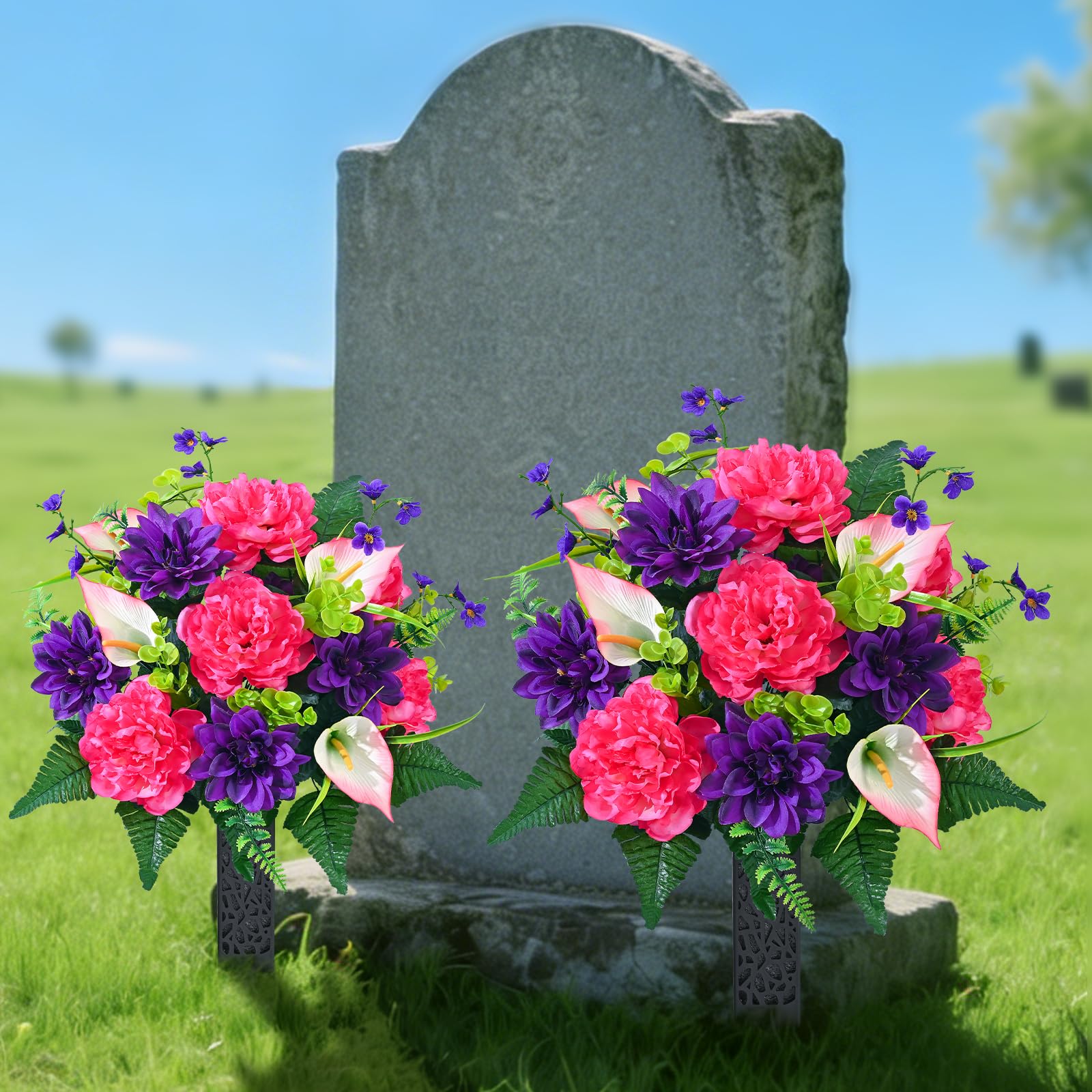Dolicer full-bloom cemetery flowers create lush grave framing