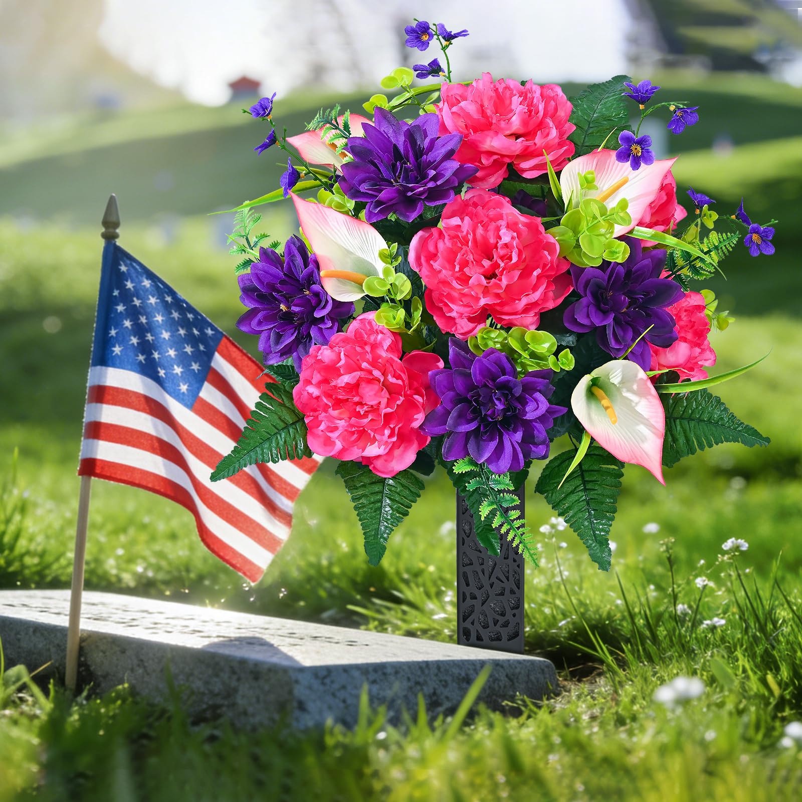 Dolicer ground-insert vase system stabilizes grave arrangements