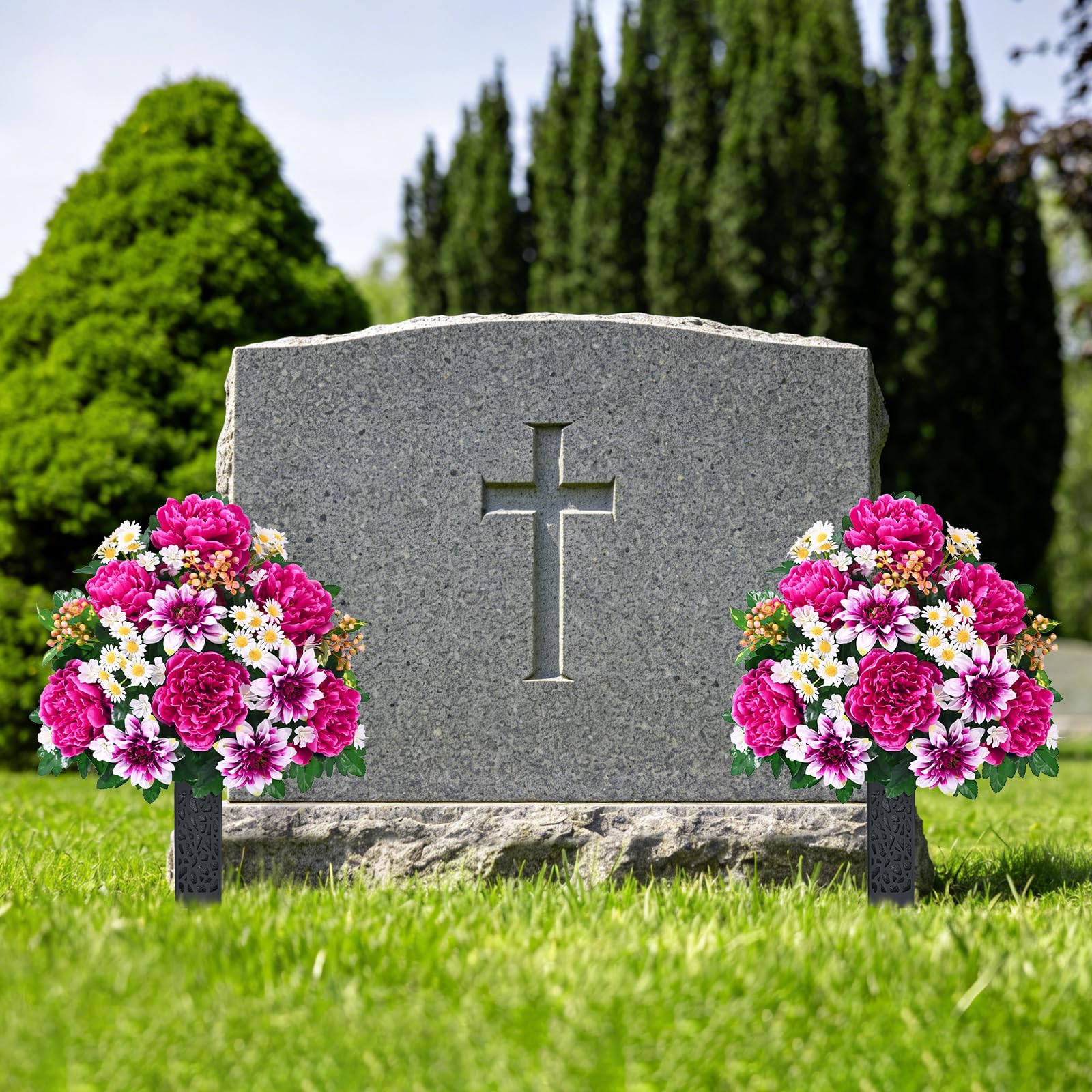 Dolicer ground inserts and vases simplify tombstone decorating.