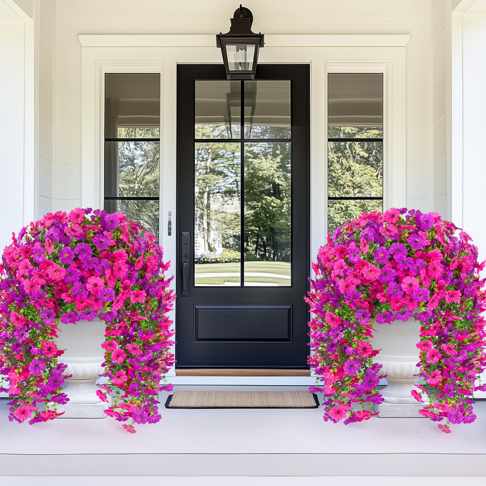 Dolicer purple and fuchsia hanging flowers brighten porches.