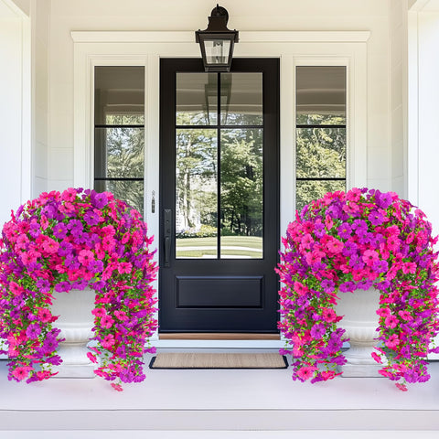 Dolicer purple and fuchsia hanging flowers brighten porches.