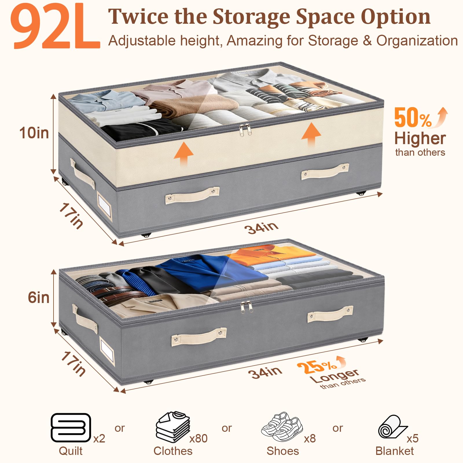 Dolicer under bed bin with transparent lid for quick item identification.