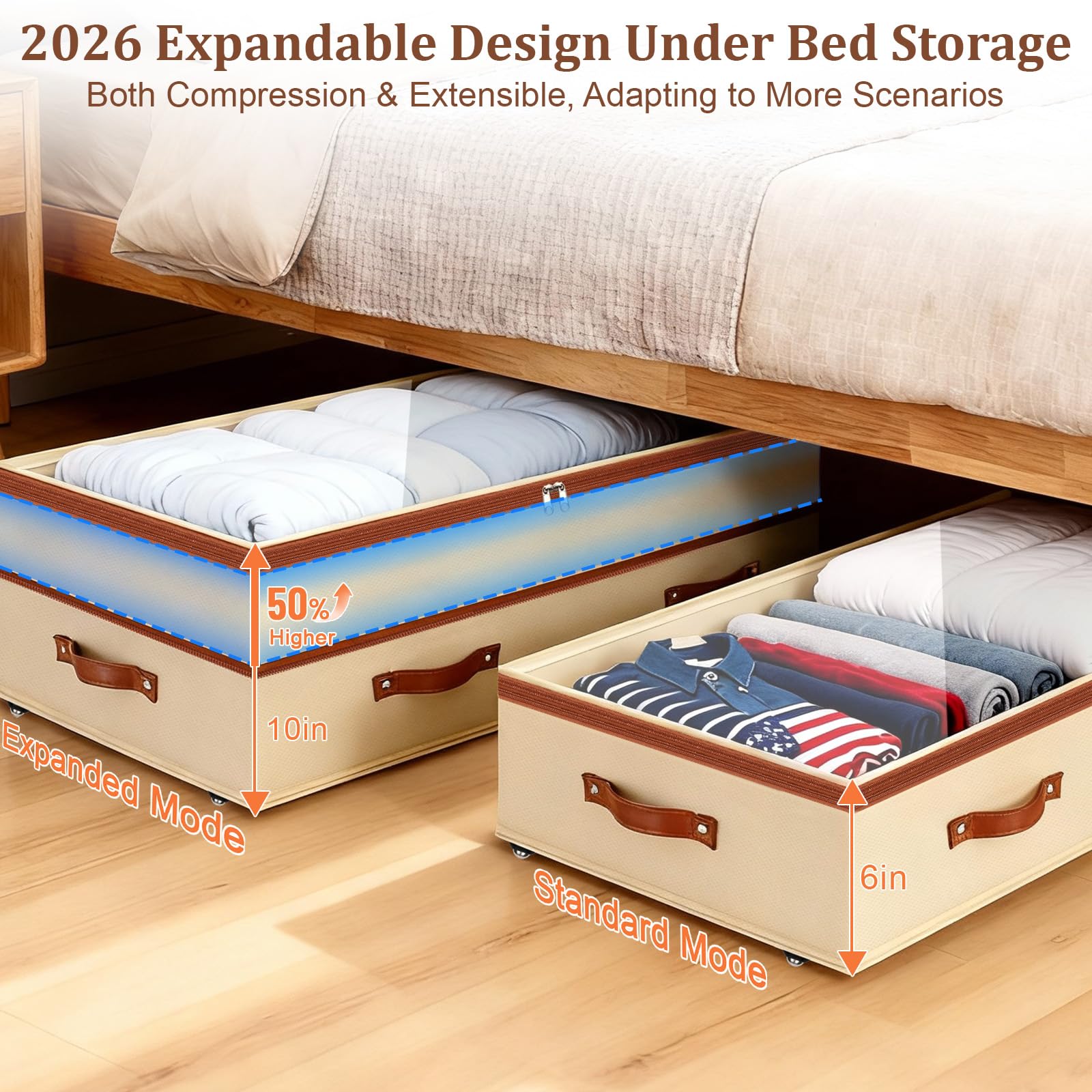 Dolicer under-bed storage height adjustable from 6 to 10 inches