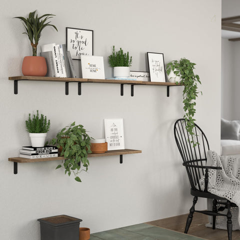 DOLLFIO wall-mounted shelves with visible wood grain add warm ambiance.