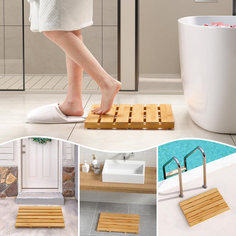 Domax Bamboo Bath Mat in a bathroom setting adding natural warmth and spa feel