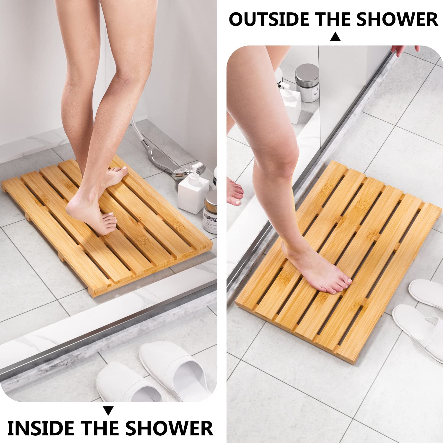 Domax Bamboo Bath Mat bottom view highlighting the rubber feet for slip resistance