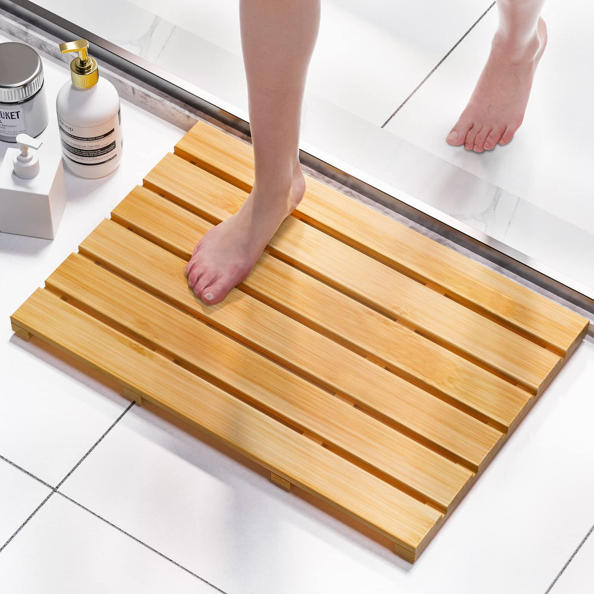 Domax Bamboo Bath Mat front view showing natural bamboo and non slip surface for safe stepping