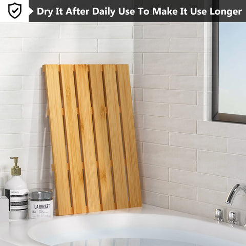 Domax Bamboo Bath Mat with slotted design drains quickly after use