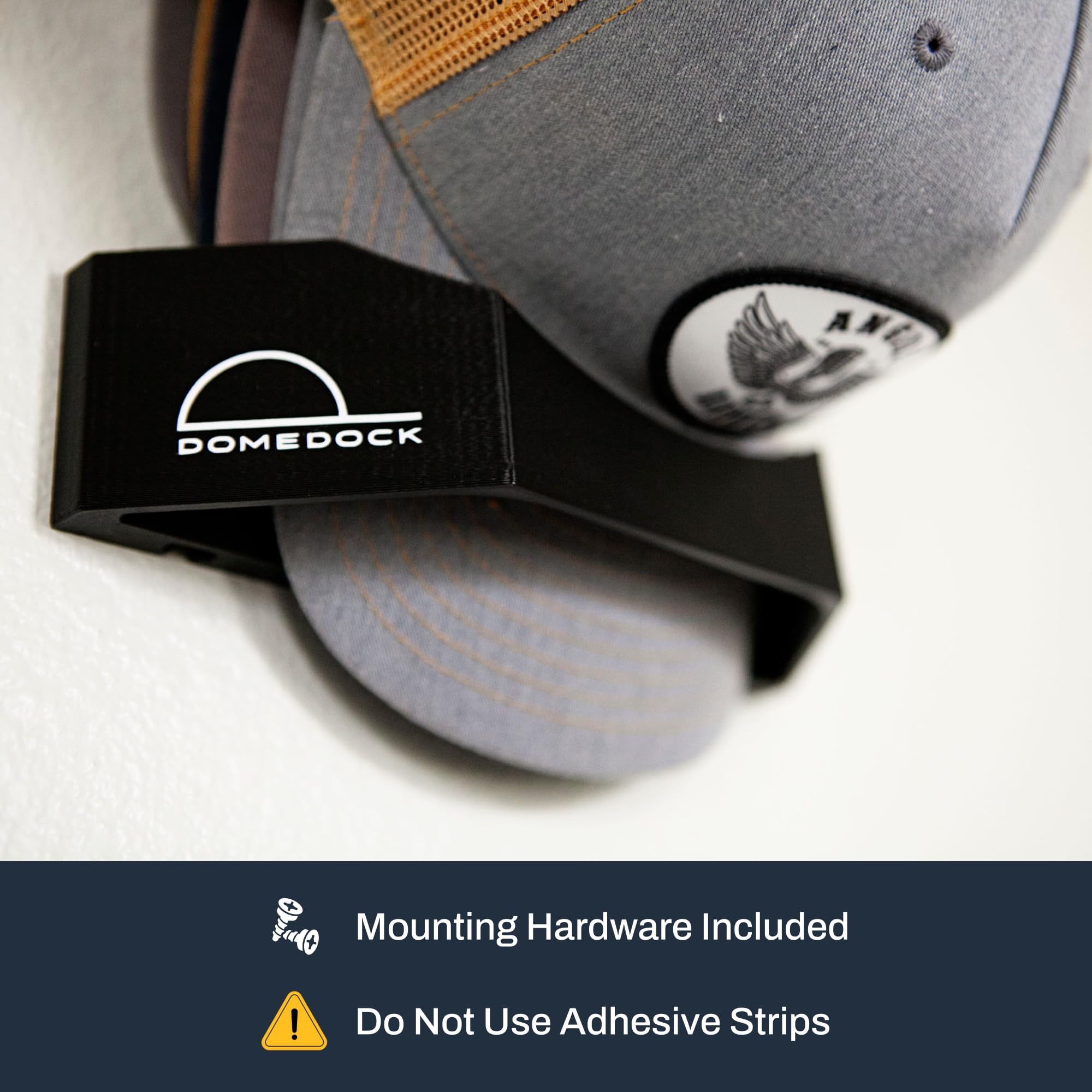 Dome Dock curved cutout design protects hat brims and reduces clutter.