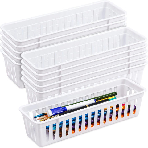 Domensi 12-pack slim storage baskets ideal for desks and drawers, maximizing slim spaces.