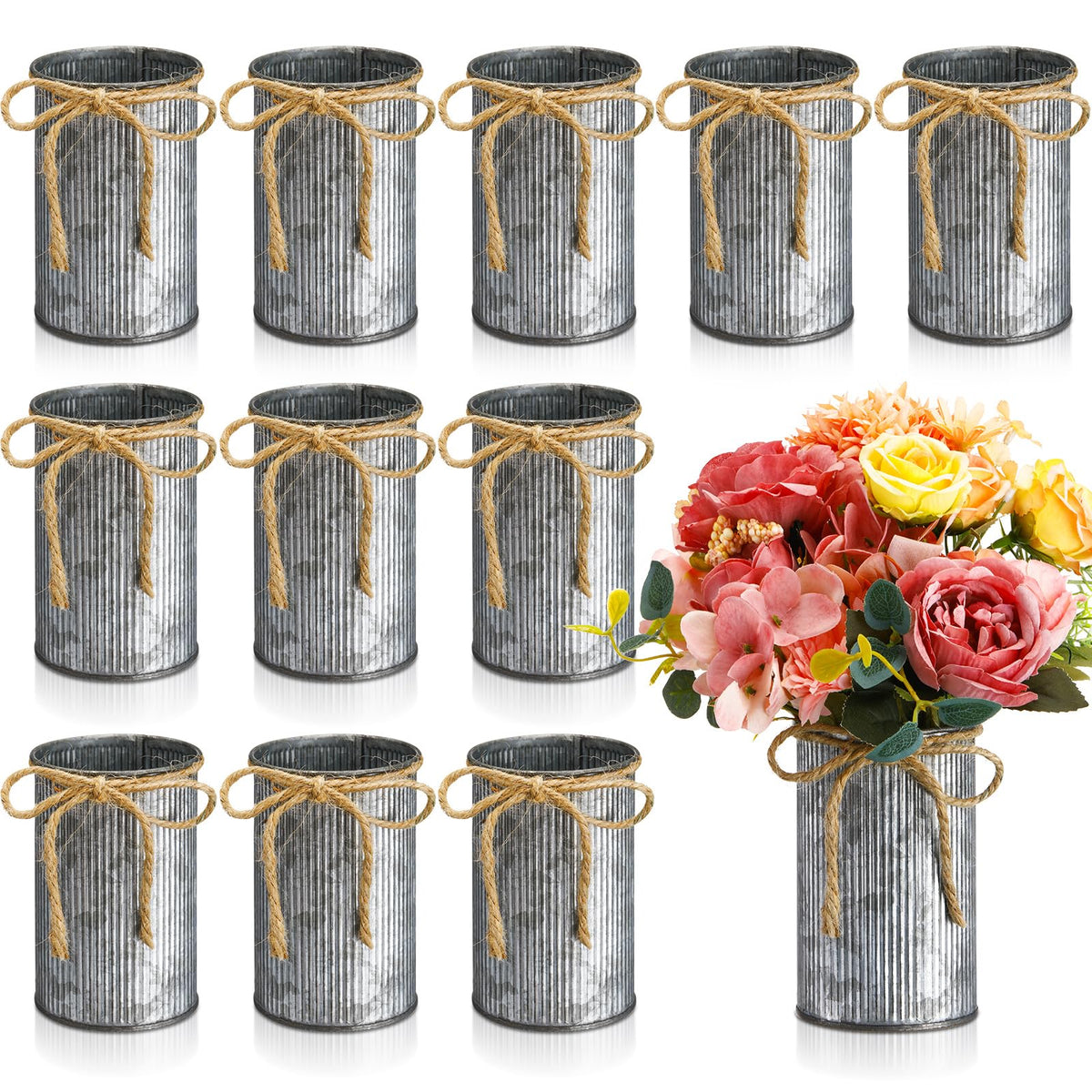 Domensi rustic vase with twine bow for elegant wedding table centerpieces.