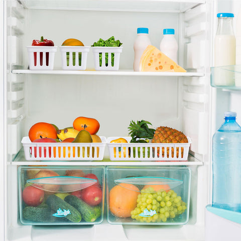 Domensi white plastic baskets for kitchen and office storage in compact spaces.