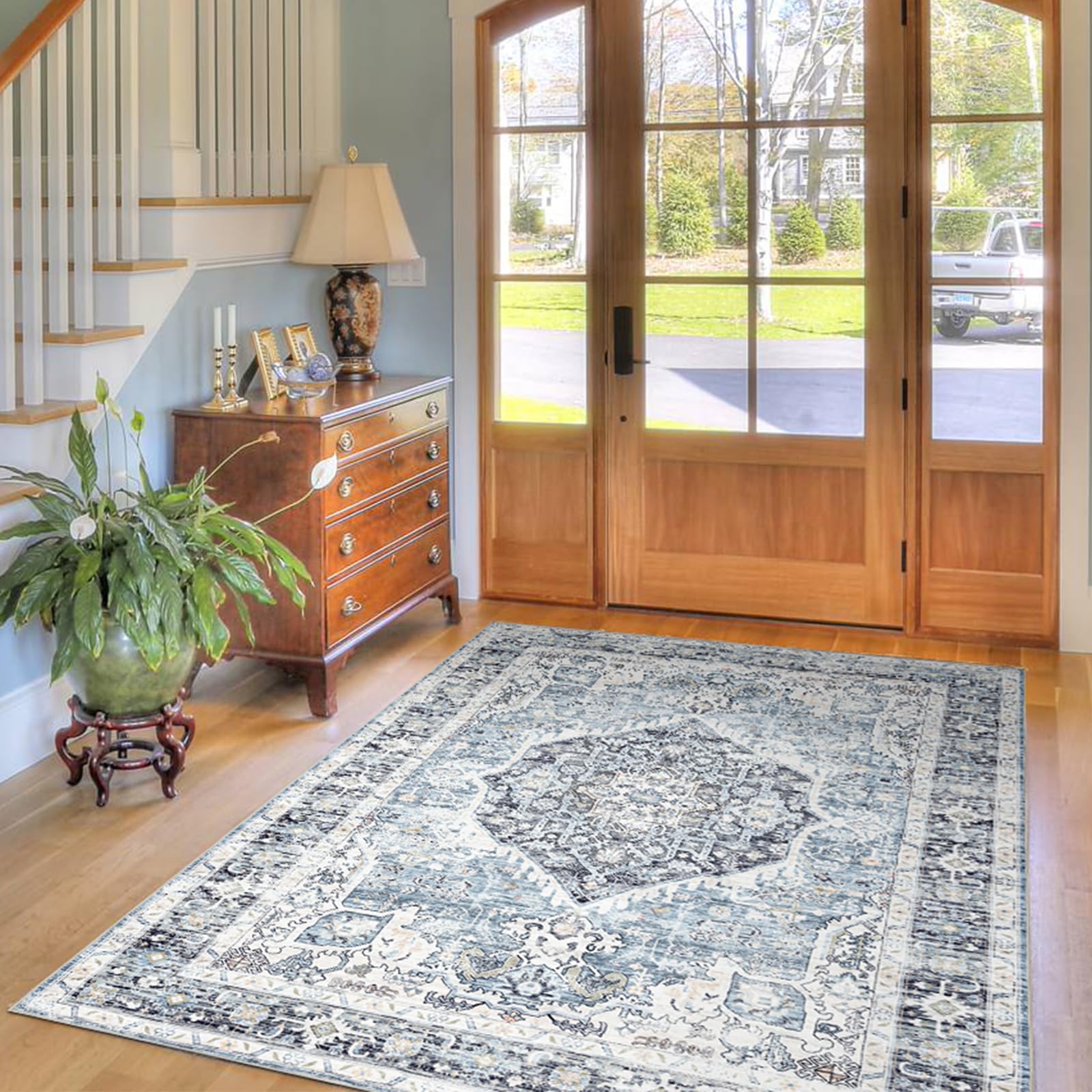 Domitapis Runner Rug in light blue tones enhances living room ambience.