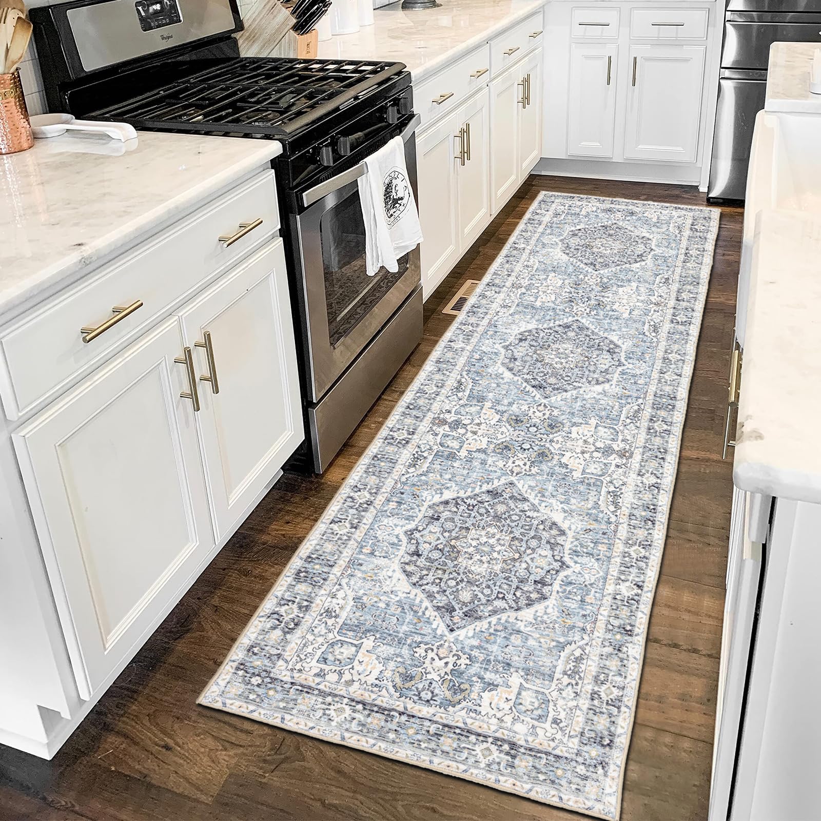 Domitapis Runner Rug close-up shows vintage boho pattern and stain-resistant weave.