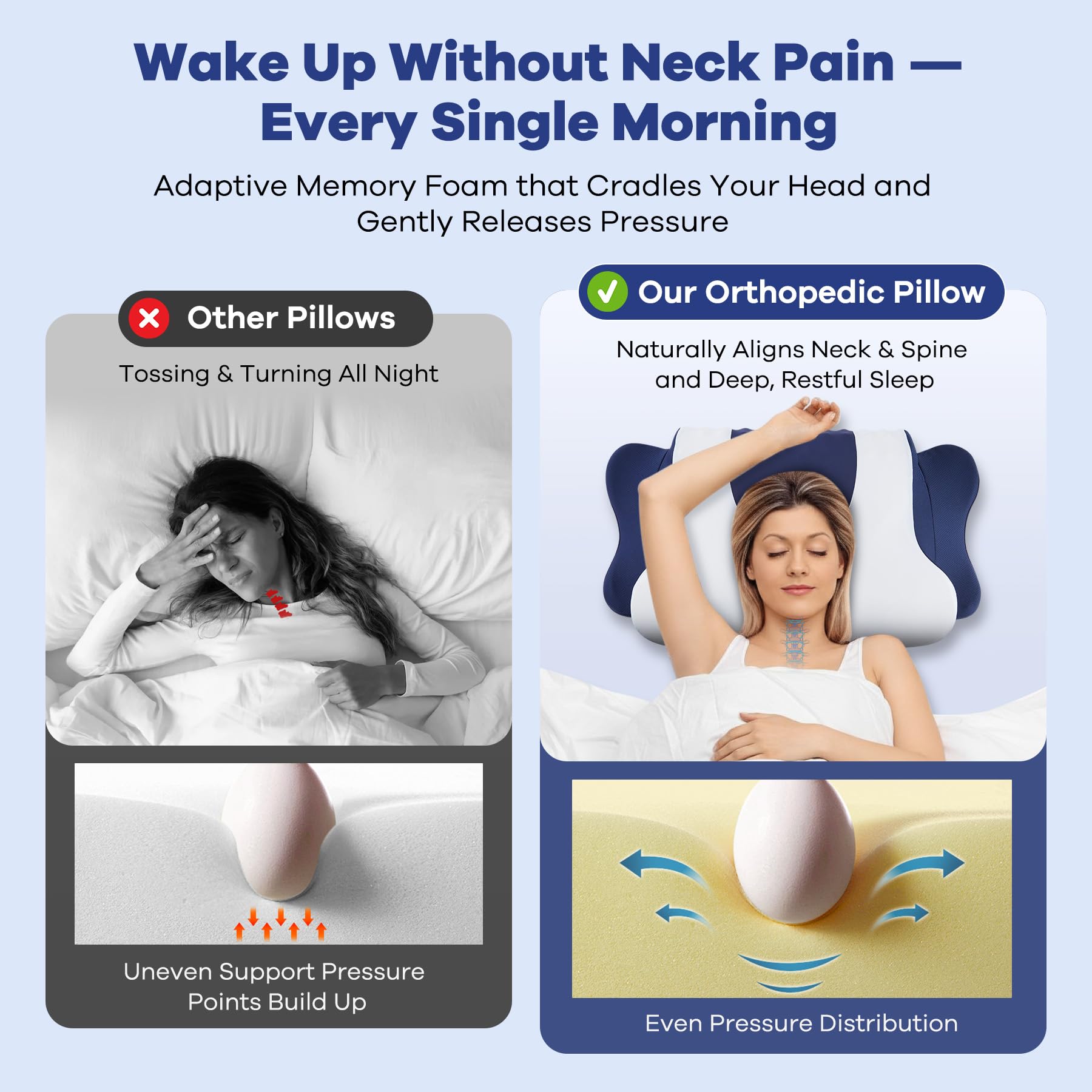 DONAMA cervical pillow with 2-height bolsters adapts to your preferred sleeping position.