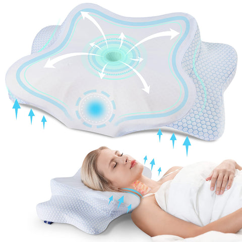 DONAMA cervical pillow side view with dual-height design for neck and shoulder support.