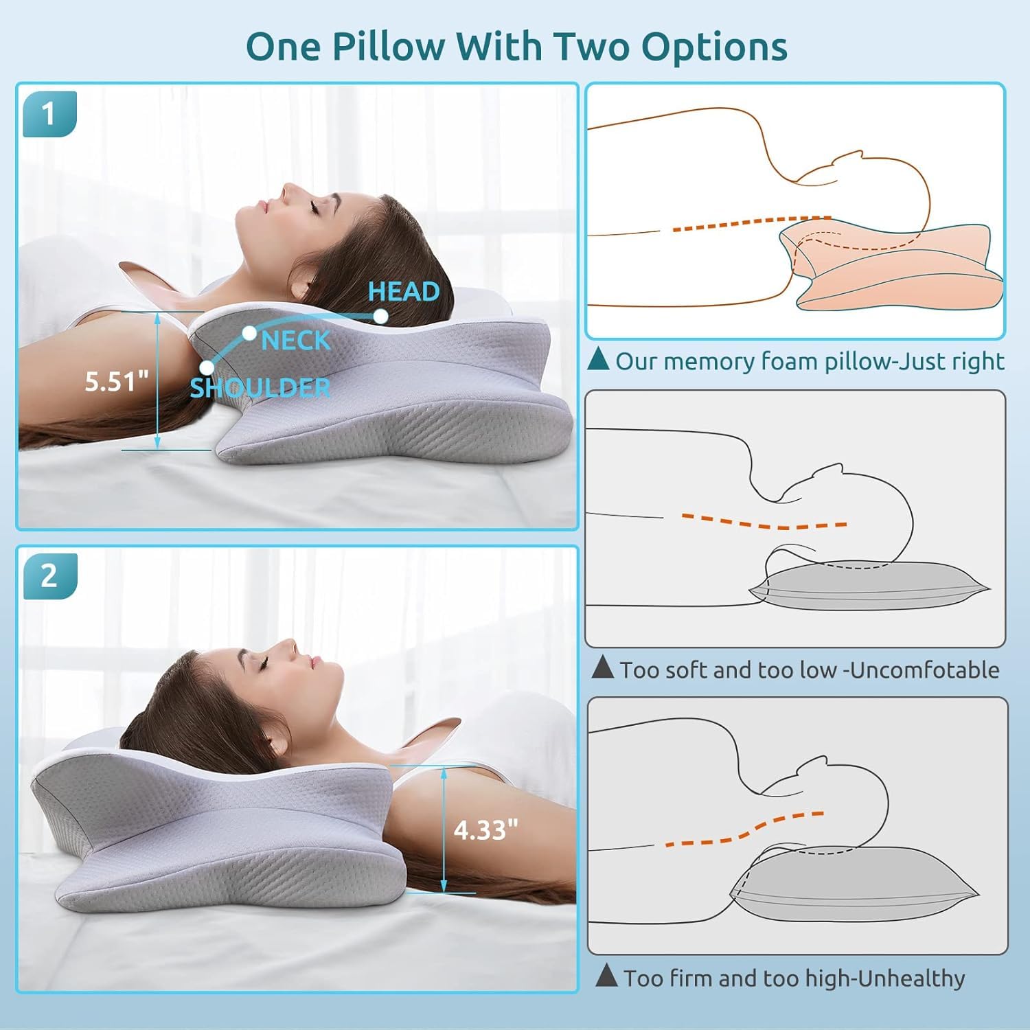DONAMA Cervical Pillow slow rebound memory foam core provides balanced support