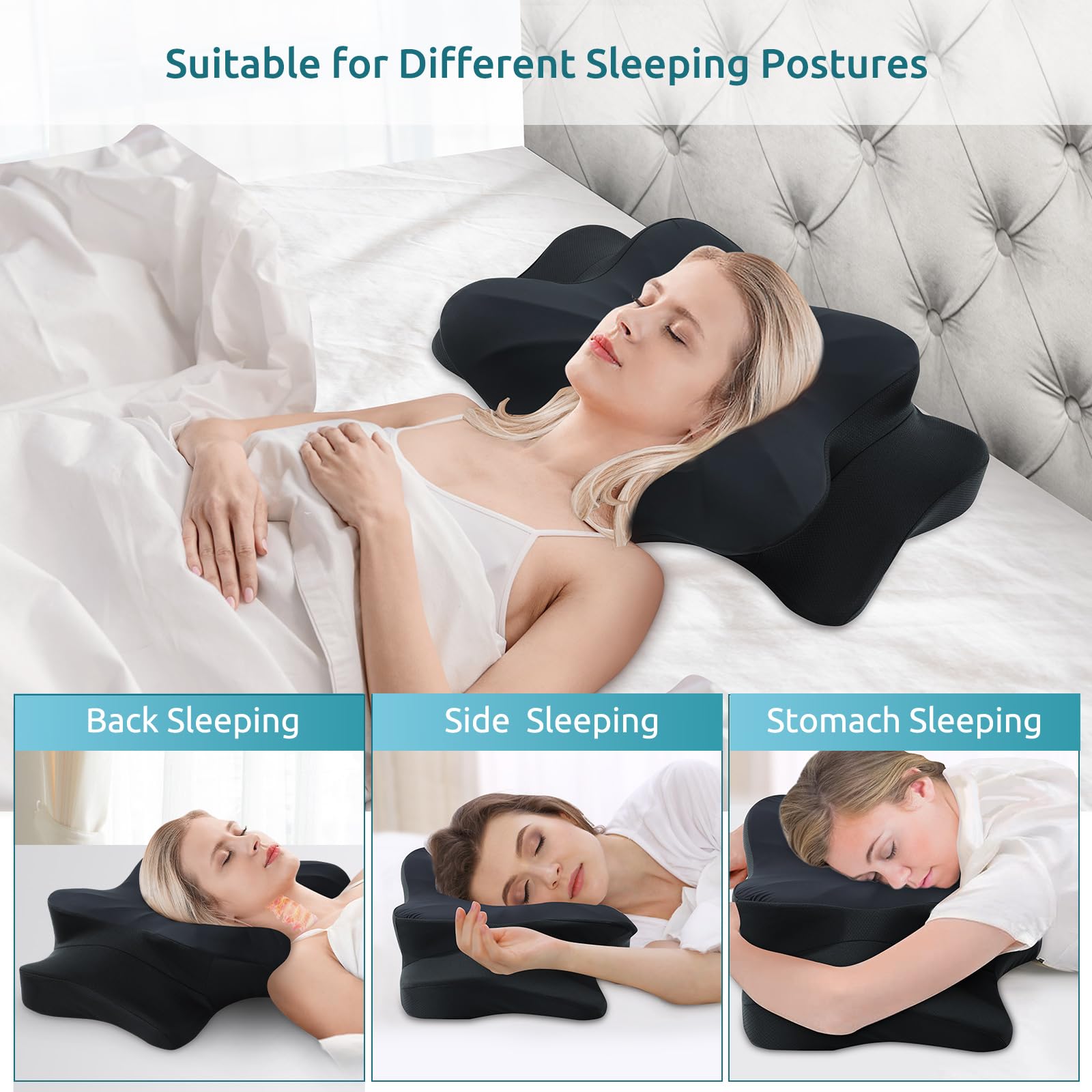 Donama cervical pillow with dual heights adapts to different sleeping postures.