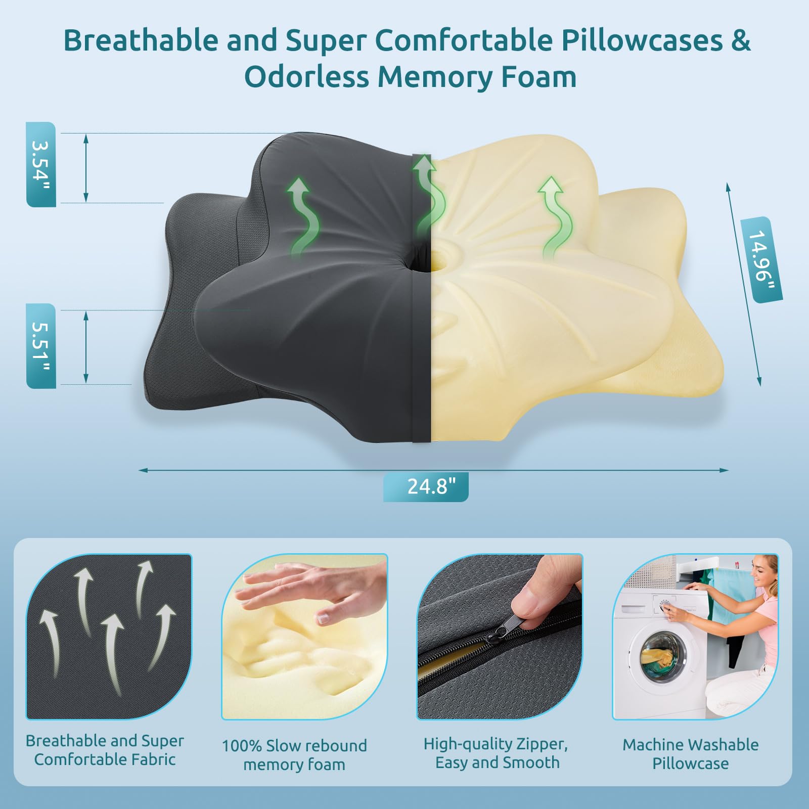 DONAMA contour memory foam cradles head and shoulders for ergonomic support.
