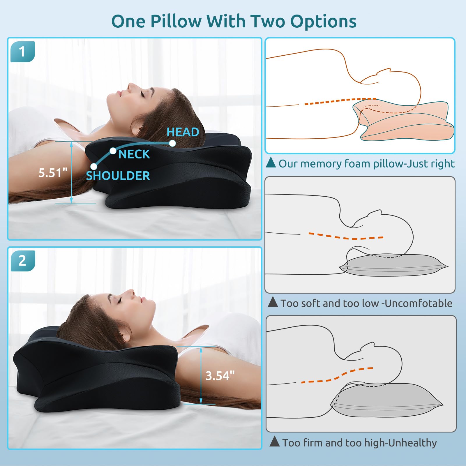 Donama memory foam core provides slow rebound and lasting neck support.