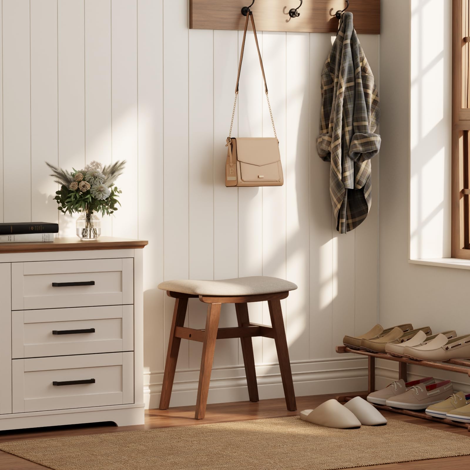 DONGMUWUJEE walnut vanity stool serves as a cozy entryway bench