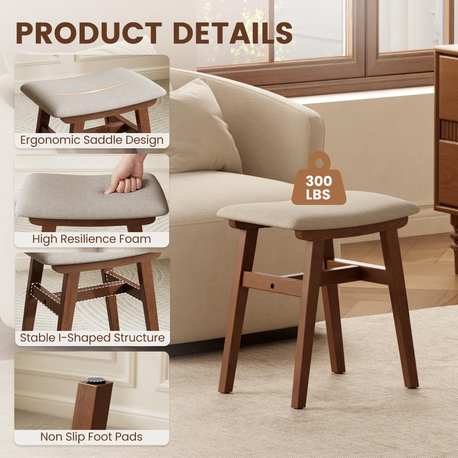DONGMUWUJEE vanity stool with foot-rest in walnut enhances sofa lounging comfort