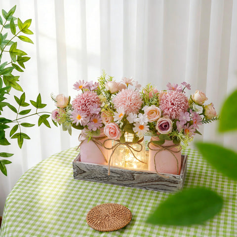 Donmills farmhouse dining table decor combines rustic charm with fresh floral accents