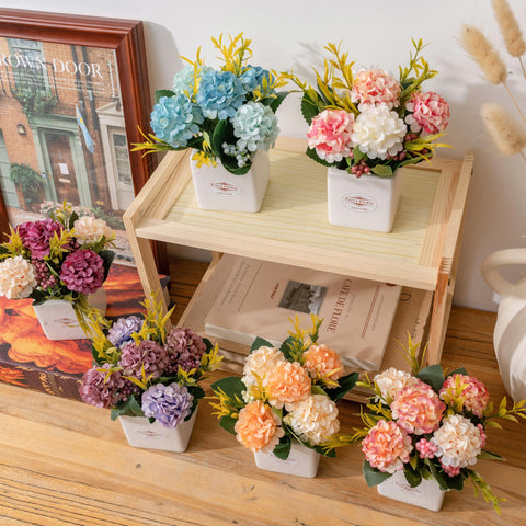 Donmills refreshing blue hydrangea bouquet enhances tables and desks.