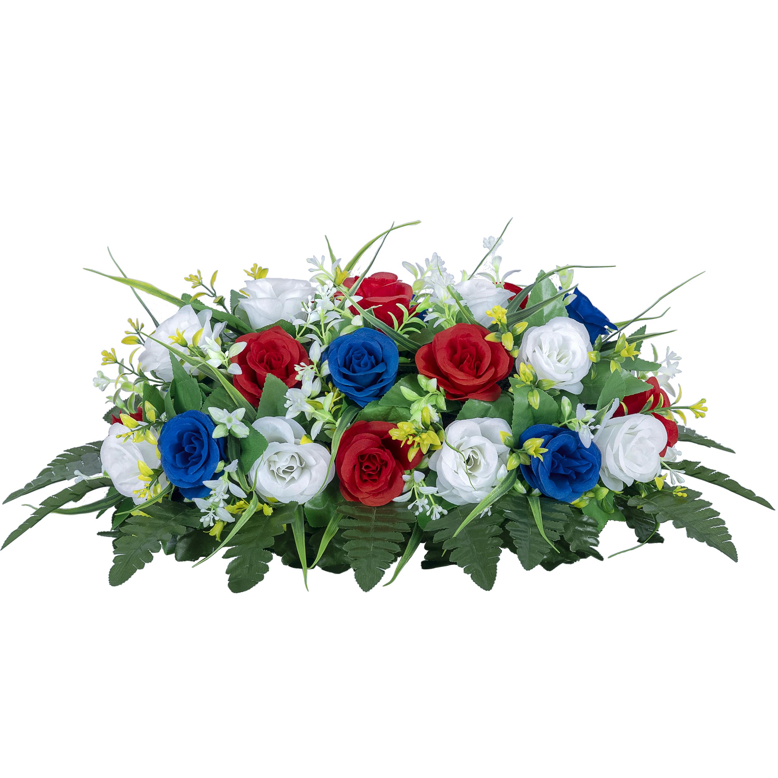 DONODA cemetery saddle with red blue white roses, weather-resistant for lasting grave décor.
