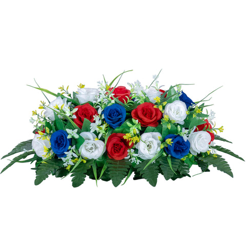 DONODA cemetery saddle with red blue white roses, weather-resistant for lasting grave décor.