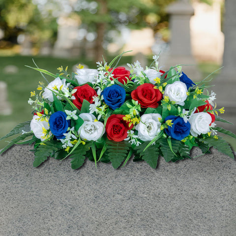 DONODA low-maintenance grave saddle with silk roses requiring minimal care.