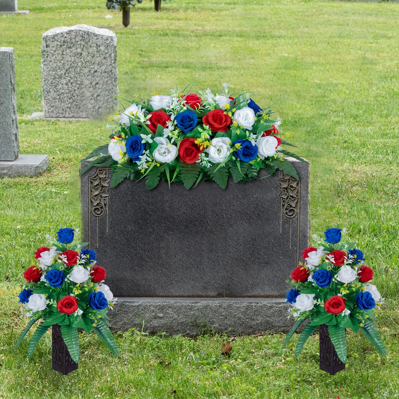 DONODA outdoor grave decoration in silk roses saddle for year-round cemetery displays.
